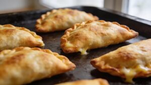 Golden baked cheesy chicken empanadas on a serving platter with dipping sauce