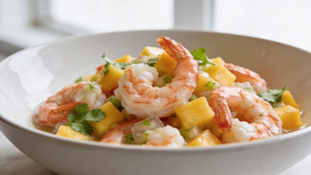 Shrimp and mango ceviche served in a bowl with lime wedges and cilantro garnish