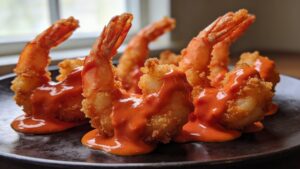 Crispy fried bang bang shrimp in a bowl with creamy sriracha mayo glaze and garnish