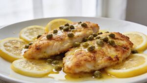 Golden pan-fried chicken piccata cutlets with lemon slices, capers, and fresh parsley on a white plate, served as a main dish