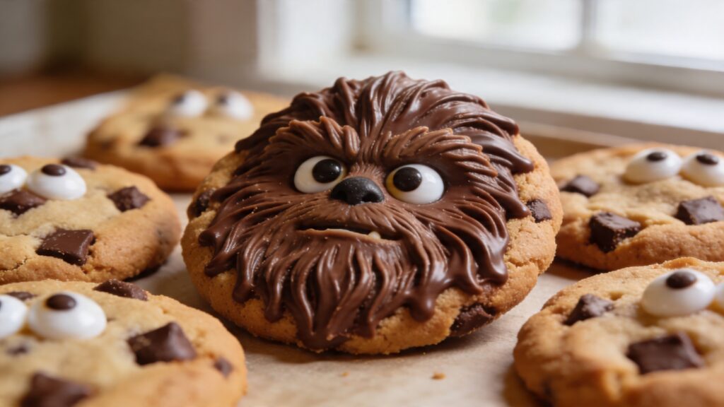 A batch of oversized, thick, chewy chocolate chip cookies decorated to look like Chewbacca with chocolate fur texture and edible candy eyes on a baking sheet