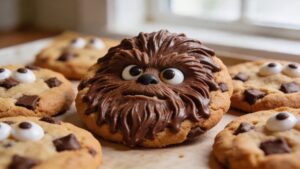 A batch of oversized, thick, chewy chocolate chip cookies decorated to look like Chewbacca with chocolate fur texture and edible candy eyes on a baking sheet
