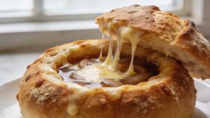 A golden, cheesy French onion soup served in a crispy bread bowl, topped with melted gruyere and fresh thyme
