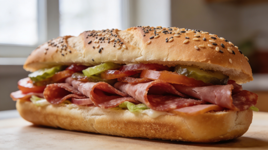 A fully assembled Italian hoagie sandwich on a seeded roll, cut in half to show layers of Genoa salami, capicola, ham, provolone, lettuce, tomato, onion, and banana peppers.