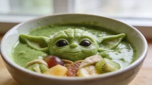 A vibrant green smoothie bowl decorated with fruit to look like Yoda from Star Wars, featuring sliced kiwi, banana, and blueberries on a creamy spinach and mango base