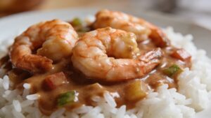 Plump shrimp in rich buttery Creole sauce over fluffy white rice