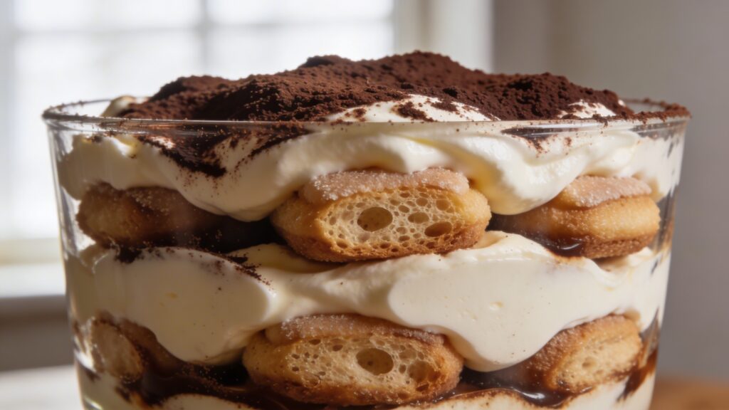 Two elegant glass parfait cups filled with layers of espresso-soaked ladyfingers, sweet mascarpone cream, and dusted with dark cocoa powder