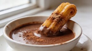 Golden crispy churros dusted with cinnamon sugar arranged on a plate next to a bowl of thick spiced Mexican hot chocolate dipping sauce