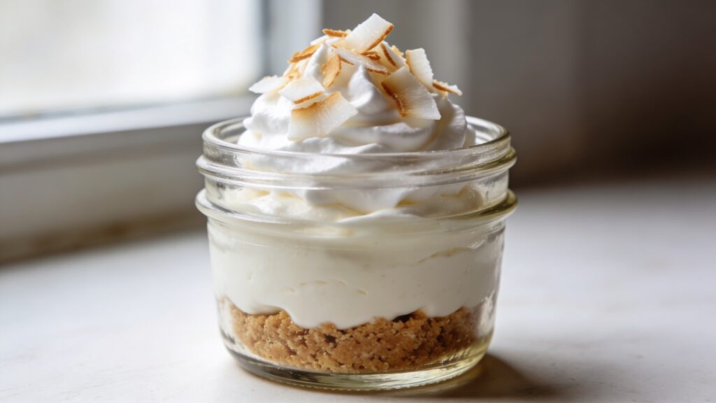 Mini coconut cream pie cups in small mason jars with whipped cream and toasted coconut flakes