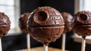 A tray of finished Death Star cake pops with gray chocolate coating and etched surface details