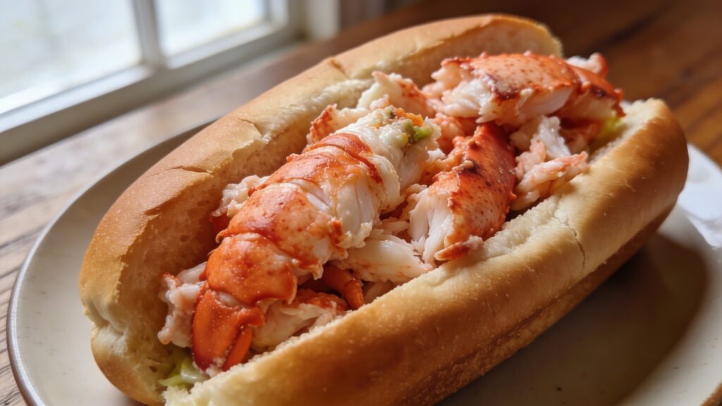 A close-up of a classic New England lobster roll on a plate, showing the split-top bun overflowing with tender lobster meat, with lemon wedge and side garnish