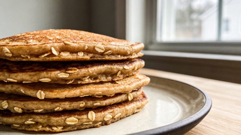 Stack of golden oatmeal protein pancakes topped with sliced banana and maple syrup on a white plate