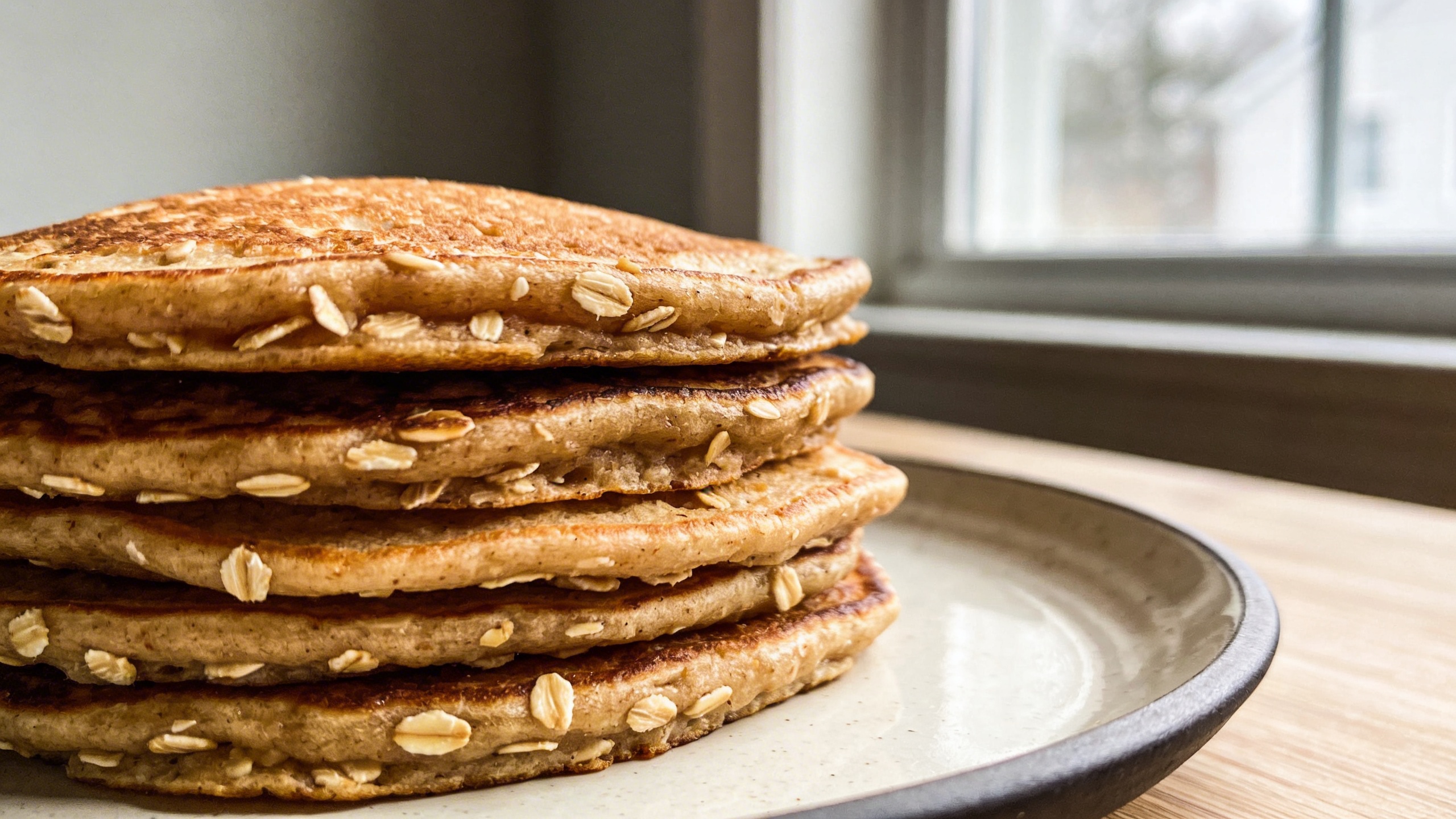 Stack of golden oatmeal protein pancakes topped with sliced banana and maple syrup on a white plate