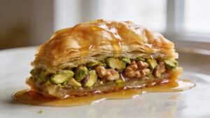 A stack of golden-brown baklava drizzled with honey syrup on a serving platter