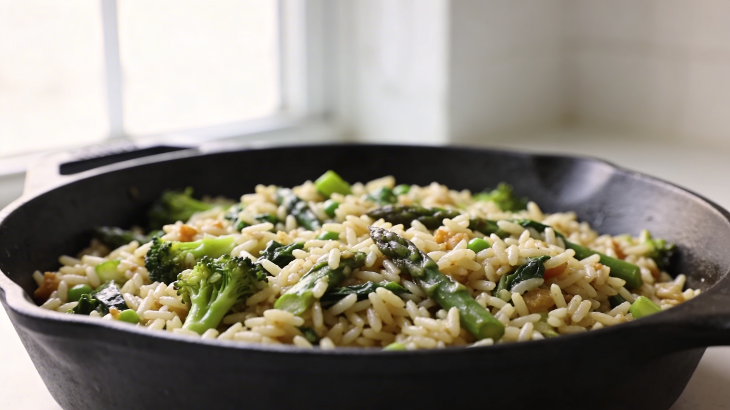 Close-up of a skillet filled with creamy one-pan spring vegetable orzo, garnished with fresh herbs and lemon zest, ready to serve.