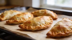 Golden baked Argentine beef empanadas on a wooden board