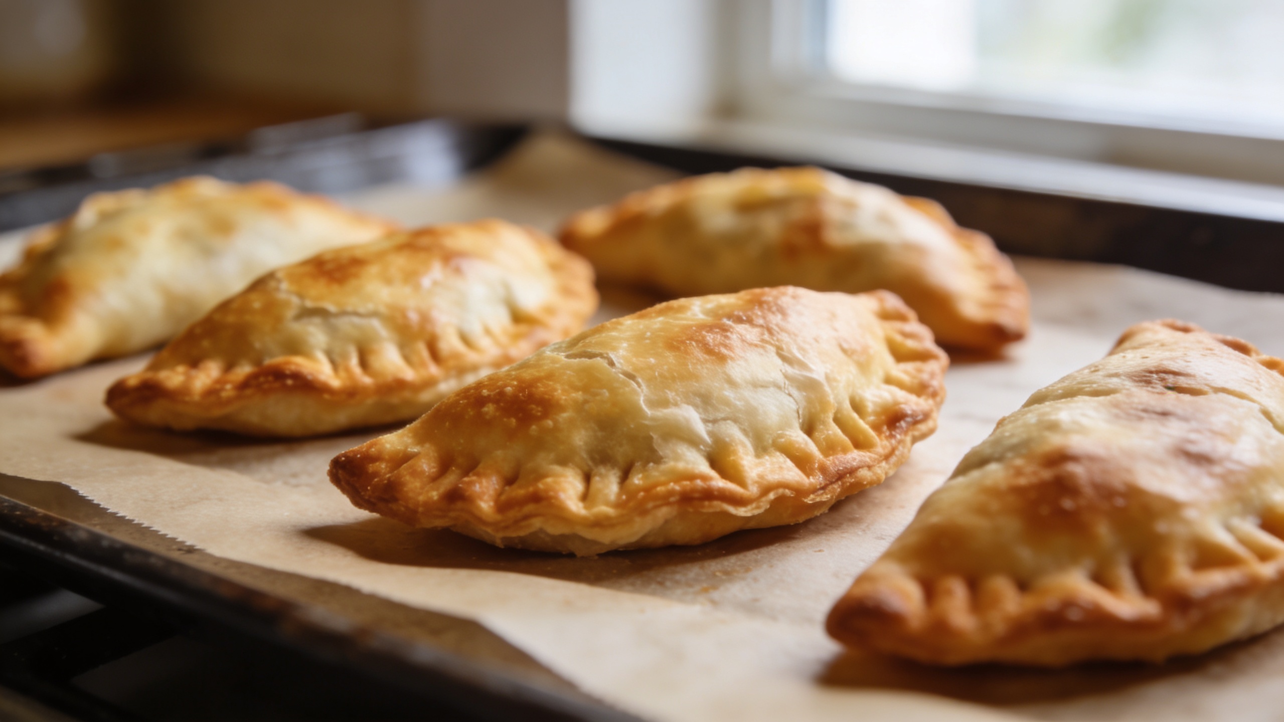 Golden baked Argentine beef empanadas on a wooden board