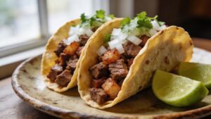 Assembled Mexican street tacos with carne asada, cilantro, onion, and lime on corn tortillas