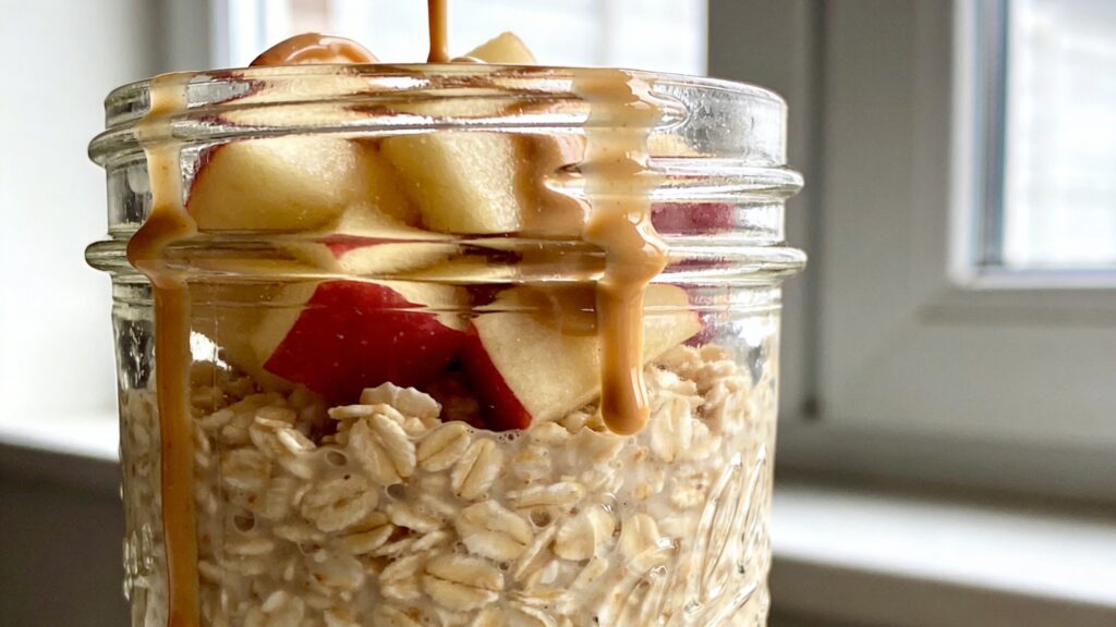 A jar of prepared overnight steel-cut oats with apple, cinnamon, and almond butter, ready to eat