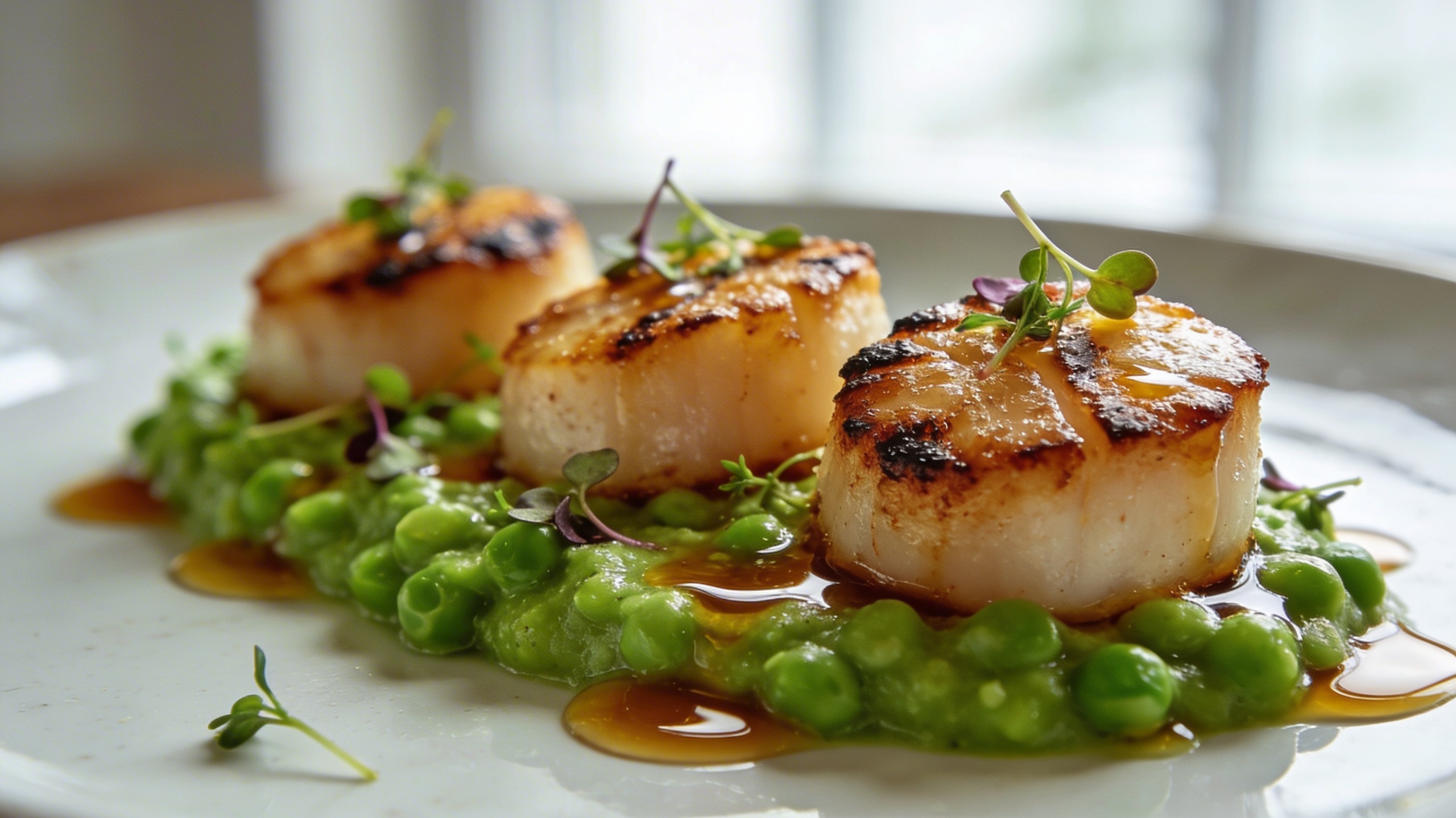 Perfectly seared golden brown scallops resting on a vibrant green spring pea puree, drizzled with brown butter and garnished with fresh micro herbs