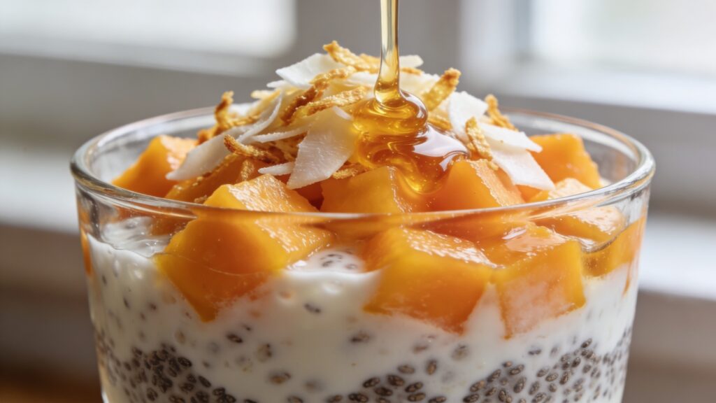 Coconut chia pudding parfait topped with diced mango, toasted coconut flakes, and honey drizzle