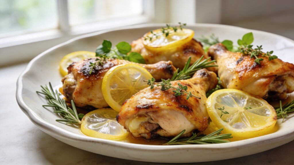 Roasted chicken thighs with fresh herbs and preserved lemon wedges on a serving platter.
