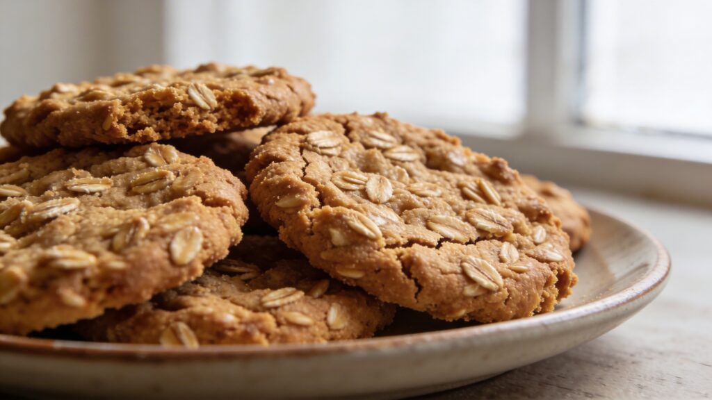 A stack of soft, golden-brown oatmeal cookies with melted dark chocolate chips, arranged on a white plate with a banana in the background.