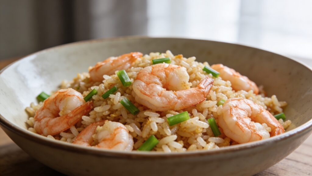 Plump shrimp, eggs, peas, and rice tossed in a wok with soy-sesame sauce
