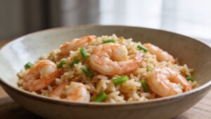 Plump shrimp, eggs, peas, and rice tossed in a wok with soy-sesame sauce