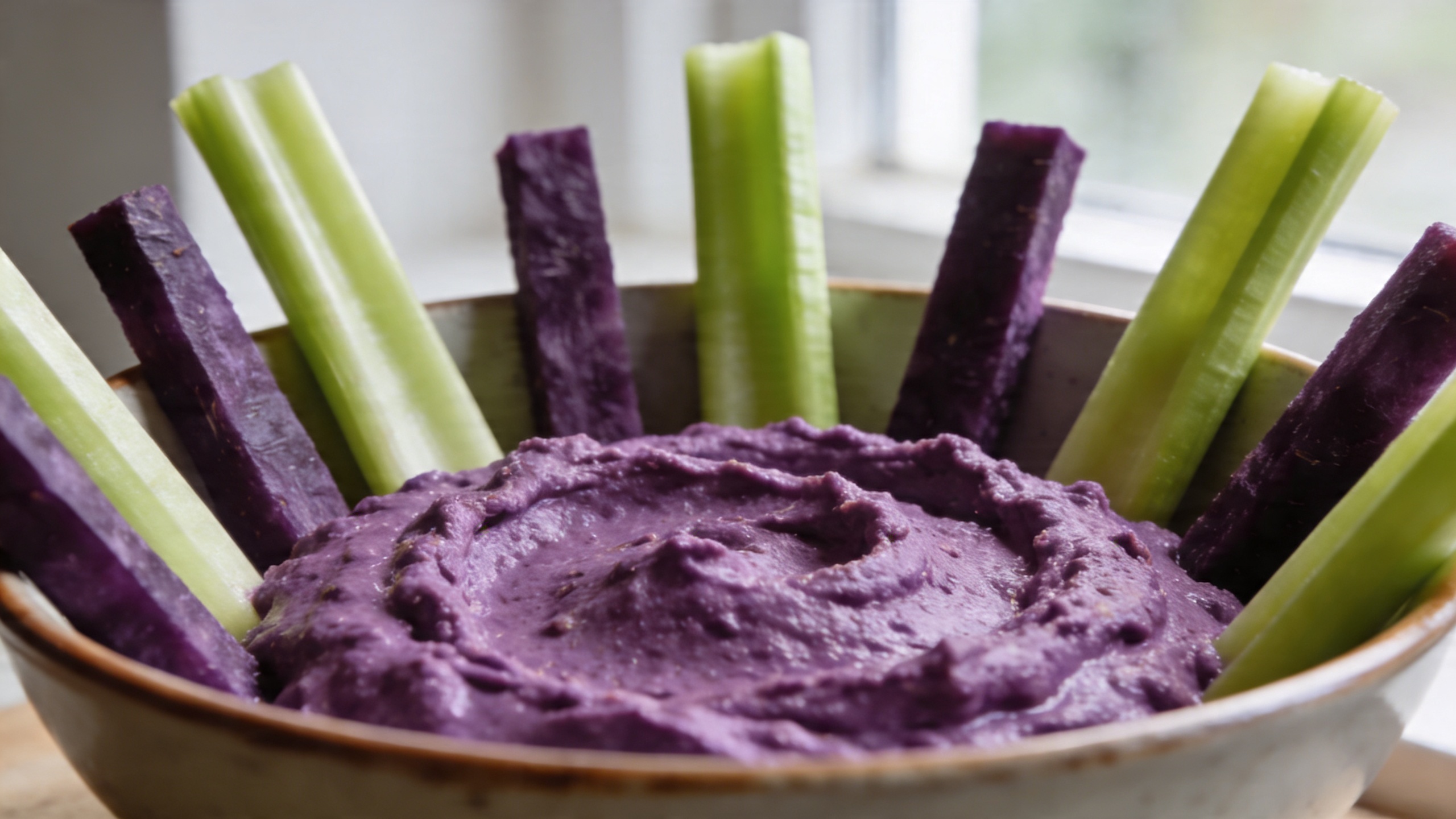 Colorful vegetable lightsabers arranged around a bowl of vibrant purple hummus on a dark background
