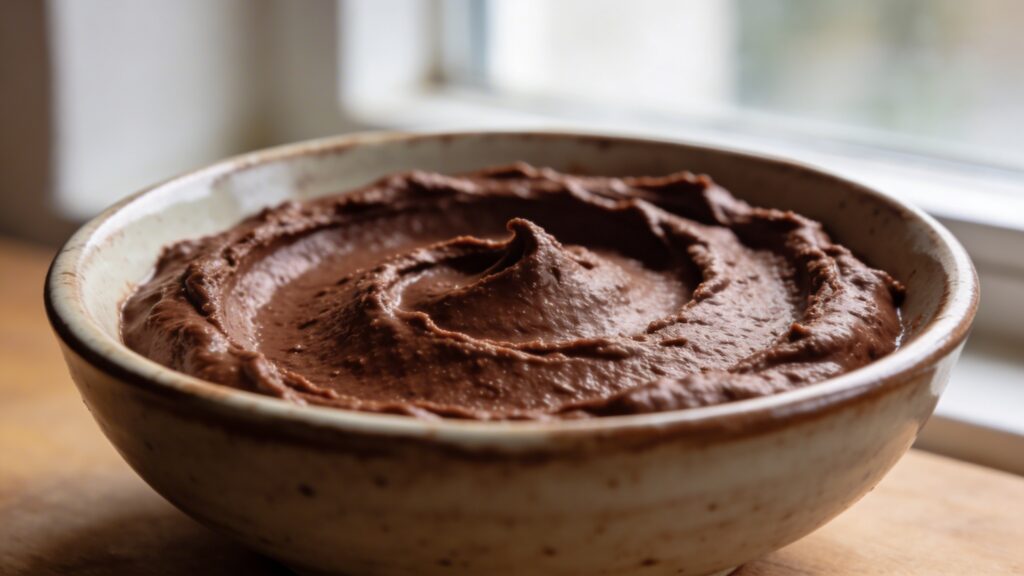 A close-up photo of a bowl of rich, dark chocolate hummus with a silky texture, garnished with a drizzle of maple syrup and a few fresh strawberries on the side.