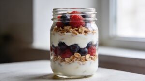 Five glass mason jars filled with colorful layers of Greek yogurt, honey, fresh berries, and granola, ready for the week