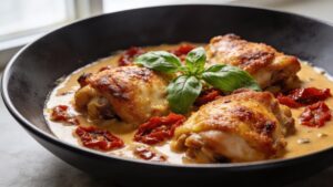 Plated Marry Me Chicken Thighs with sun-dried tomato cream sauce and fresh basil garnish