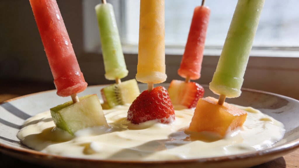 Colorful fruit skewers arranged like lightsabers on a platter with yogurt dip