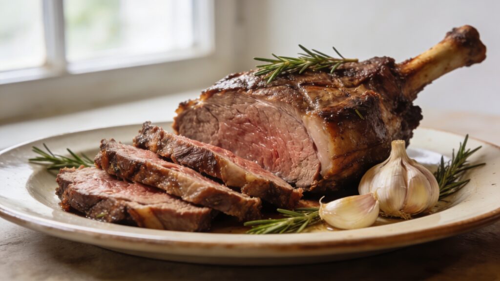 Perfectly roasted butterflied leg of lamb with garlic and rosemary on a platter