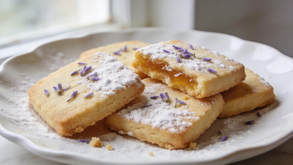Buttery honey lavender shortbread cookies on a cooling rack, dusted with powdered sugar, ready to eat.
