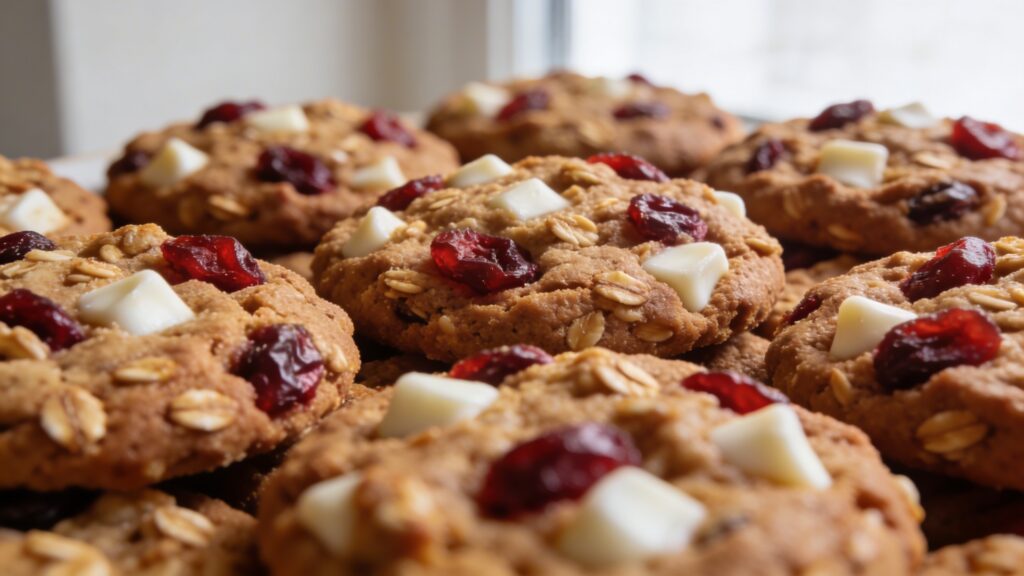 Stack of thick, chewy oatmeal cookies with dried cranberries and white chocolate chips, topped with flaky salt