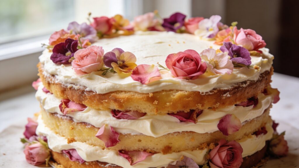 Rustic naked cake with vanilla sponge, rose buttercream, and fresh edible flowers on a cake stand