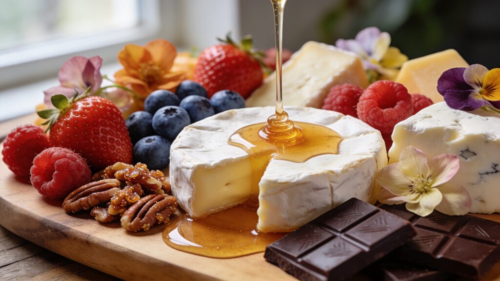A beautifully arranged Mother's Day grazing board with fresh spring fruits, soft cheeses, honey, candied nuts, edible flowers, and chocolate on a wooden board resembling a blooming garden.