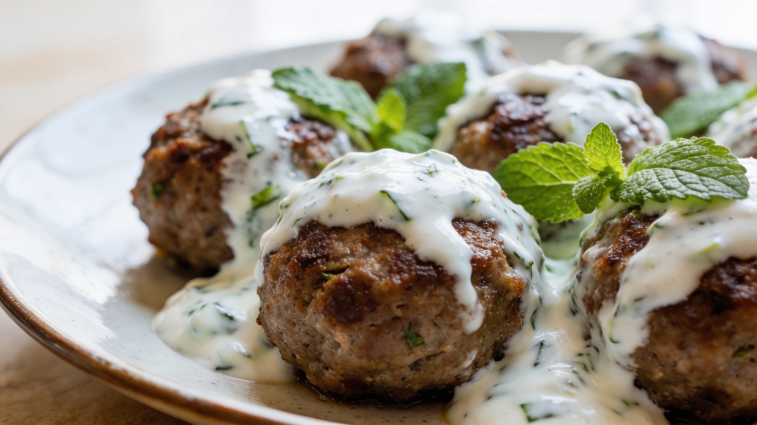 Baked Greek lamb meatballs with tzatziki sauce on a serving platter