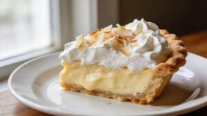 A slice of silky coconut cream pie on a plate, with whipped cream and toasted coconut topping, golden graham crust visible