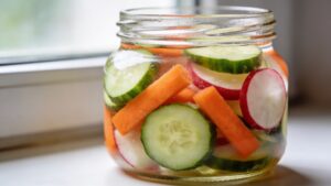 A jar of quick pickled cucumbers, carrots, and radishes with garlic and spices in vinegar brine.