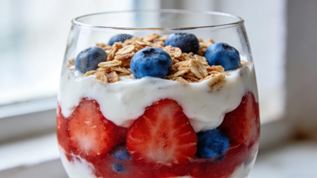 A tall clear glass filled with layers of Greek yogurt, fresh strawberries, blueberries, and granola, garnished with a mint leaf on top.