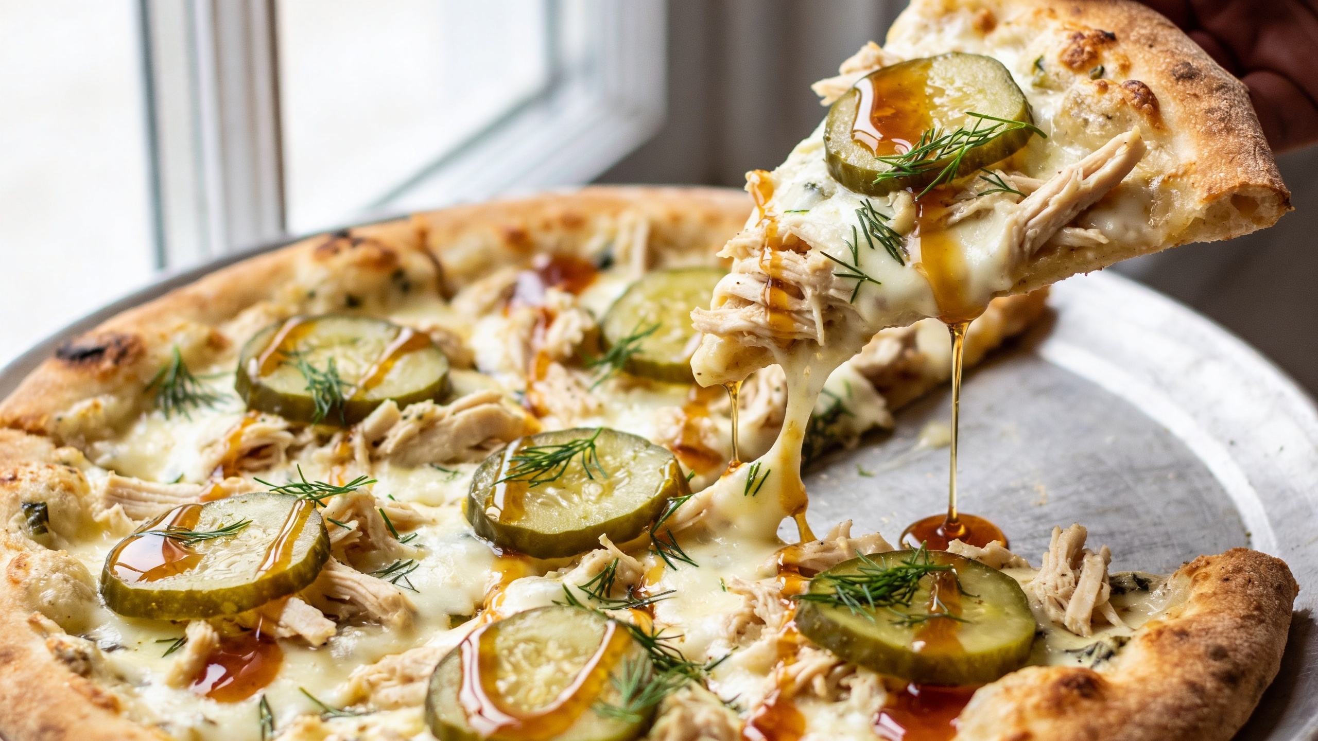 Whole dill pickle pizza with creamy garlic sauce, shredded chicken, mozzarella cheese, sliced pickles, hot honey drizzle, and fresh dill on a baking tray