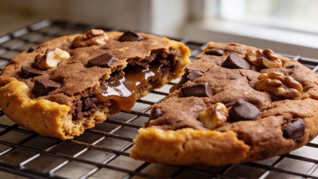 Two enormous, thick Levain-style chocolate chip walnut cookies on a cooling rack, showcasing their golden crispy exterior and gooey center.