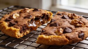 Two enormous, thick Levain-style chocolate chip walnut cookies on a cooling rack, showcasing their golden crispy exterior and gooey center.
