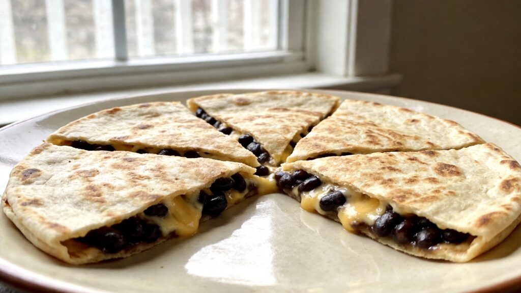 Golden brown black bean quesadilla wedges on a plate with melted pepper jack cheese and corn