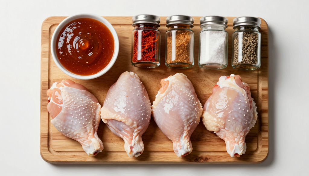 Ingredients for BBQ chicken thighs: chicken thighs, barbecue sauce, salt, pepper, and optional spices.
