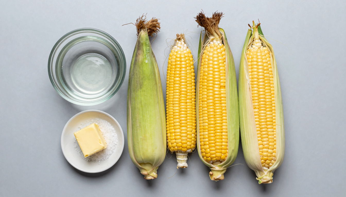 Fresh ears of corn with husks, butter, and salt arranged on a wooden board