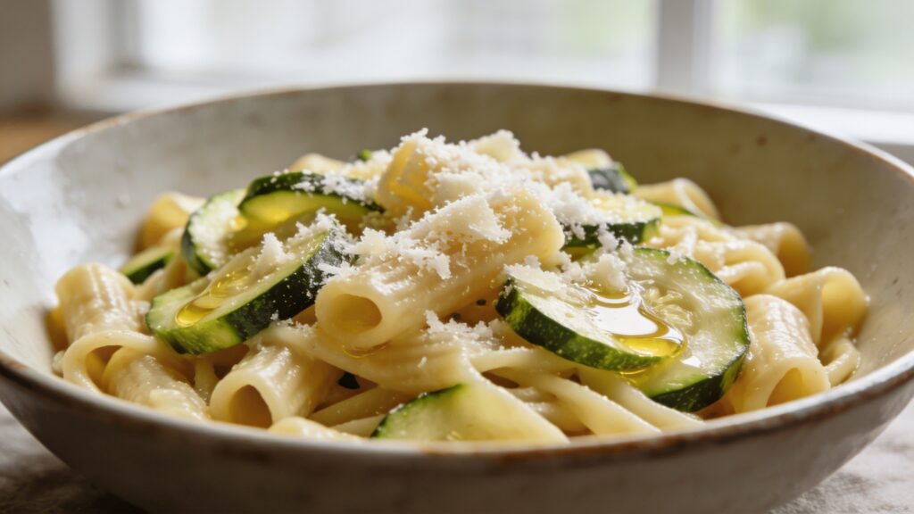 Finished summer pasta with zucchini in a serving bowl